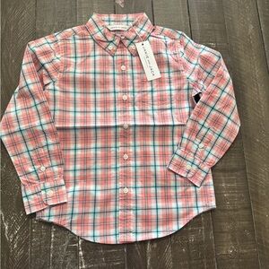 JANIE AND JACK NWT Boys Size 4 Plaid‎ Button Down Shirt Peach Blue Aqua